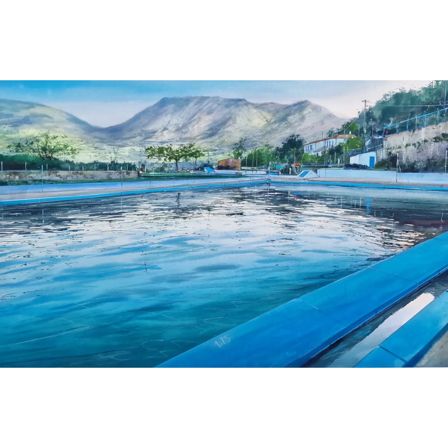 Mountain pool — translucent blue water against summer mountains, watercolor by Pablo Rubén