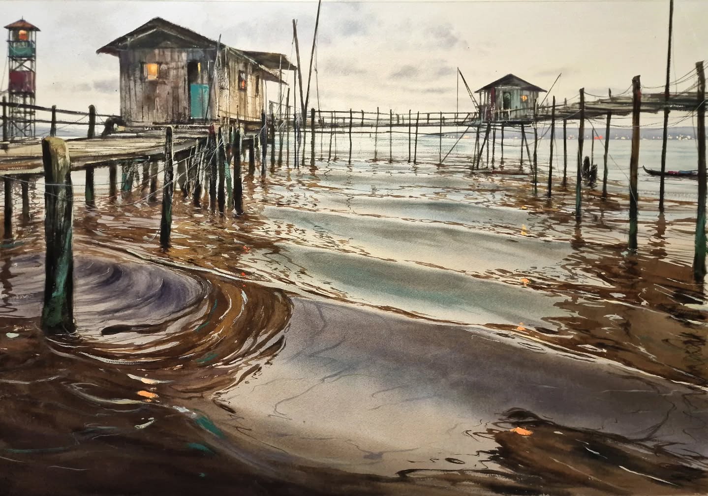Stilt houses at dusk reflected in still water, watercolor by Pablo Rubén — ochres and slate-greys in layered transparency