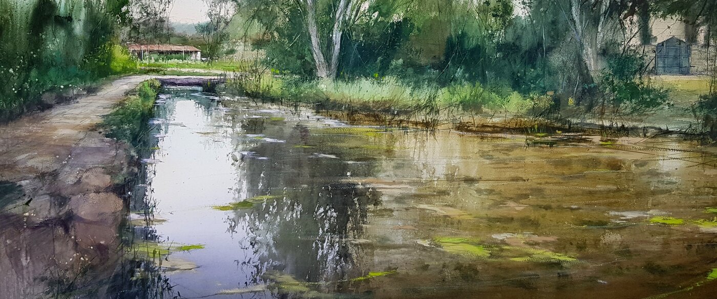 Silos — quiet river with willow reflections, watercolor by Pablo Rubén, layered greens and earth